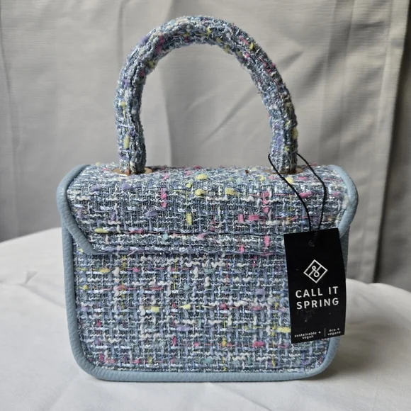 Call It Spring Tweed Mini Top Handle Bag Pastel Structured Purse Gold Turn Lock - Picture 2 of 9